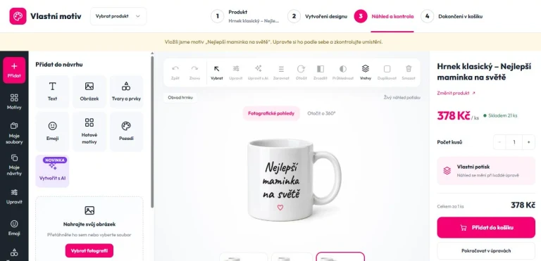 Skutečný editor Vlastní motiv s náhledem hrnku